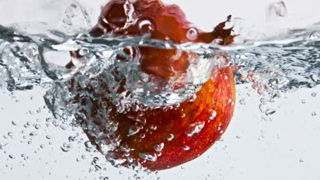 Leckerer-Granatapfel,-Der-Im-Wasser-Spritzt,-Nahaufnahme.-Köstliches-Bio-Obst,-Das-In-Flüssigkeit-Aufsteigt
