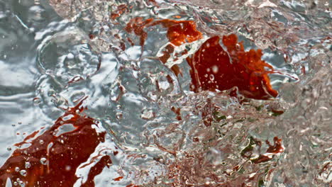 Rote-Paprika-Fallendes-Wasser,-Glatte-Oberfläche,-Nahaufnahme.-Bio-heißes-Gemüse-Spritzt