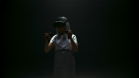 Girl-playing-augmented-reality-in-headset-dark-background.-Futuristic-gamer-use