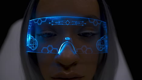 Girl-face-enjoying-digital-glasses.-3D-goggles-woman-looking-invisible-screen