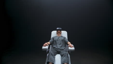Mann-Mit-VR-Brille-Genießt-Interaktiven-Sessel.-Cyber-Handschuhe,-Gamer-Entspannen