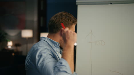 Sales-manager-pointing-whiteboard-in-remote-workplace.-Guy-explaining-strategy