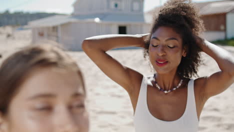Smiling-girl-enjoying-beach-with-lgbt-partner-closeup.-Happy-african-american