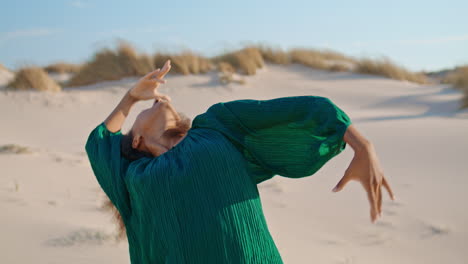 Girl-performer-dancing-desert-at-summer-close-up.-Woman-moving-body-sensually.