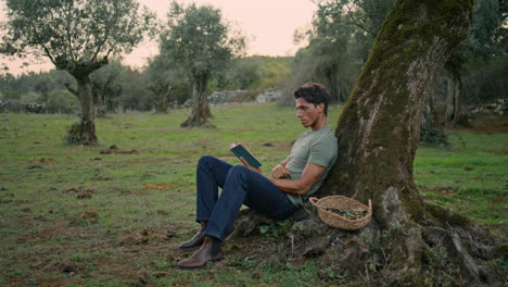 Relaxed-man-flipping-pages-at-olive-tree-evening-place.-Calm-worker-reading-book