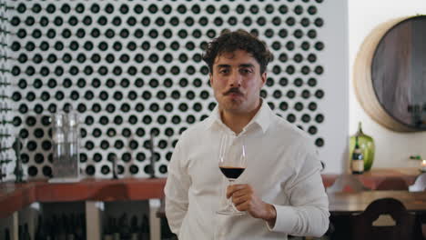 Vertically-portrait-sommelier-drinking-wine-at-restaurant-with-bottle-collection