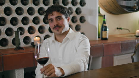 Man-sommelier-mixing-wine-in-glass-evaluating-color-sitting-restaurant-close-up.