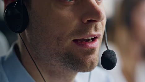 Closeup-mouth-talking-microphone-in-call-center.-Sales-representative-speaking