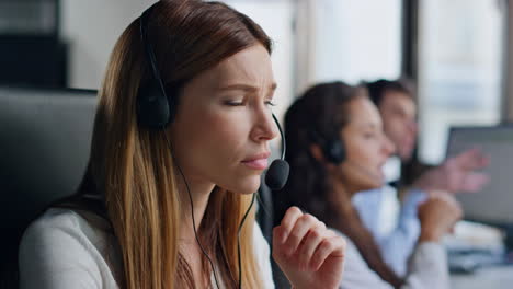 Pensive-assistant-looking-solution-closeup.-Inspired-woman-in-contact-center