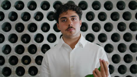 Young-winetaster-holding-bottle-with-wine-vertical-closeup.-Portrait-sommelier
