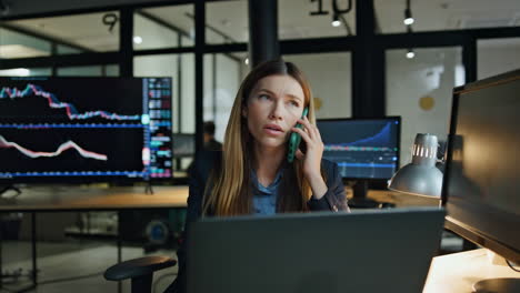 Market-manager-making-call-in-evening-office.-Upset-stock-trader-woman-talking