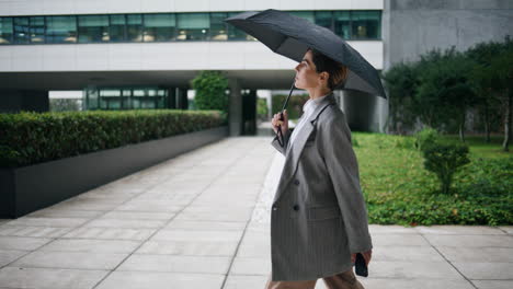 Büroangestellter-Geht-An-Regnerischen-Tagen-Mit-Regenschirm-Spazieren.-Selbstbewusste-Geschäftsfrau-Macht-Pause