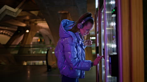 Girl-choosing-snacks-vending-machine-standing-in-subway.-Woman-in-headphones.