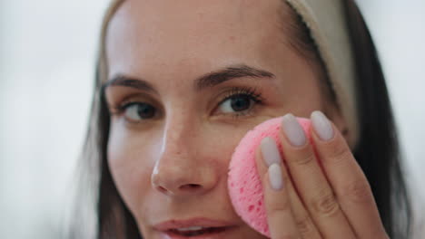 Closeup-lady-using-sponge-pad-at-home.-Satisfied-calm-woman-cleaning-lotion-skin
