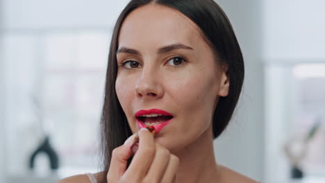 Pov-lady-lips-makeup-preparing-at-bath.-Portrait-smiling-woman-applying-lipstick