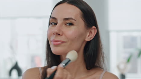 Beauty-woman-makeup-brushing-indoors-pov-view.-Happy-lady-applying-skin-powder
