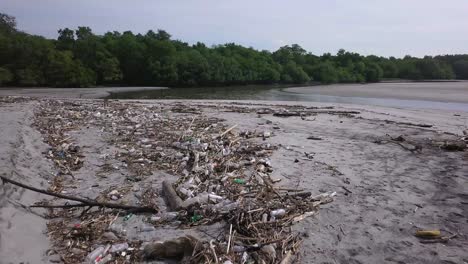 Trash-polluting-a-beach-with-many-plastic-bottles-and-other-waste---Dolly-In