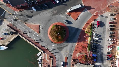 Top-down-aerial-of-traffic-circle-roundabout