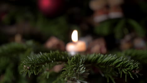 A-candle-on-a-christmas-tree,-Dolly-in-from-blurry-to-sharp,-4k-Apple-ProRes422
