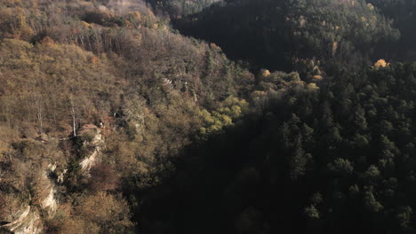 Aerial-shot,-of-a-wooded-valley-in-the-Kokorin-area