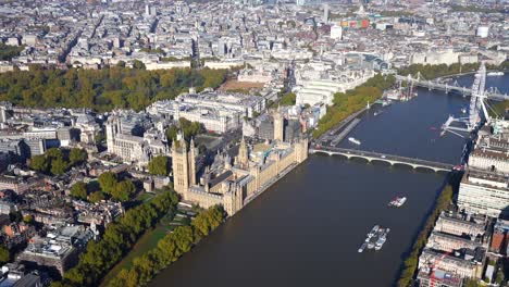 Aerial-view-of-the-Houses-of-Parliament,-Thames-River,-Westminster-Bridge-and-the-London-Eye,-London-UK