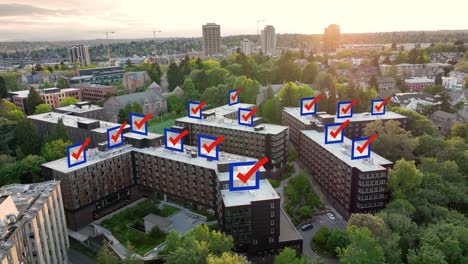 Aerial-view-of-the-University-of-Washington-residence-halls-with-checkmarks-animating-on-screen-to-show-who-has-voted