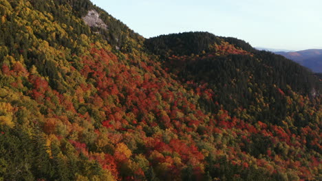 Aerial-flight-of-Fall-Foliage-over-vibrant-patch-of-red-trees-in-Evans-Notch,-located-in-the-White-Mountains-of-Maine
