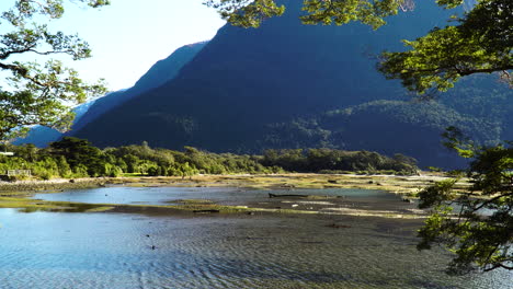 Serene-landscape-at-foot-of-Mitre-peak-mountain,South-Island,-New-Zealand