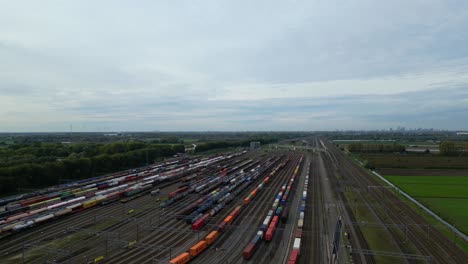 Flying-Over-Kijfhoek-Station-Classification-Yard-In-Southeast-of-Rotterdam,-Netherlands
