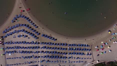 Lines-of-sunbed-and-umbrellas-on-Italy-coastline,-aerial-top-down-view