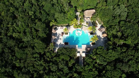 Luxury-Mansion-With-Swimming-Pool-in-Tropical-Rainforest,-Drone-Aerial-View