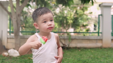 Zeitlupenvideo-Eines-Süßen-Asiatischen-Jungen,-Der-Ein-Wassermelonen-Eis-Am-Stiel-Isst-Und-An-Einem-Sehr-Heißen-Sommertag-Im-Hof-Nein-Sagt,-Es-Zu-Teilen