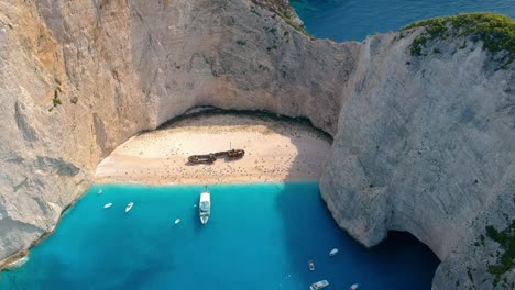 Picturesque-aerial-view-of-Shipwreck-Beach-on-Zakynthos-island-in-Greece