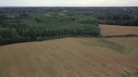 Aerial-drone-view-on-countryside-meadows-with-forest-in-the-background