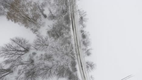 Drone-Flying-Over-Snowy-Road-On-Lakeshore