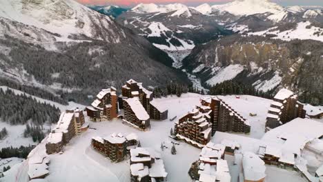 Aerial:-Avoriaz-winter-ski-resort-in-French-Alps,-hotel-and-chalets