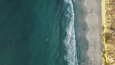 Cinematic-top-down-aerial-view-of-surfers-in-the-ocean---California-coastline---San-Diego