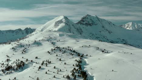 Amazing-Pyrenees-ski-resort-mountain,-4K-aerial-winter-landscape-Andorra