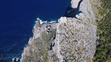 Mallorca-Cap-de-Formentor---Mirador-es-Colomer-tourist-viewing-point-filmed-with-drone-top-down-shot-from-high-above-in-4k