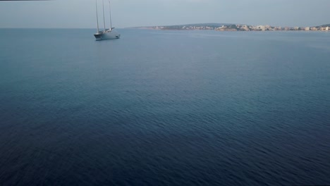 Stunning-wide-shot-of-the-luxury-sailing-yacht-A-in-Mallorca,-owned-by-Andrey-Melnichenko---Biggest-sailing-yacht-of-the-world---4k-drone-footage