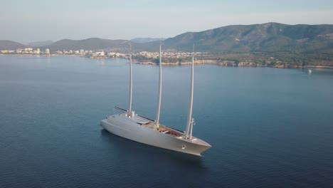 Amazing-drone-footage-in-4k-of-the-beautiful-sailing-yacht-"A"-anchored-at-the-coast-of-Mallorca---Puerto-Portals-Majorca---Mediterranean-Sea---Rich-Luxury-Lifestyle