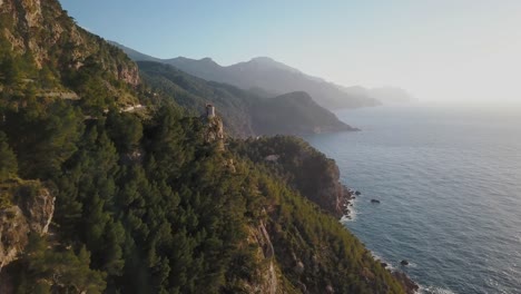 Amazing-4k-aerial-view-of-a-beautiful-westcoast-scereny-while-sunset---Mallorca-Torre-del-Verger-Serra-de-Tramuntana-at-the-Mediterranean-Sea---Balearic-Islands,-tourist-viewing-point-sightseeing-spot