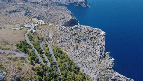 Amazing-4k-view-of-the-viewing-point-Cap-de-Formentor---Mirador-es-Colomer-in-the-north-of-Mallorca---Serra-de-Tramuntana---Massive-cliffs---Mountains---Tourist-sightseeing-spot-Balearic-Islands
