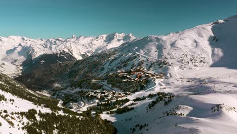 Les-Arcs-mountain-ski-resort-in-winter-snow,-aerial-view