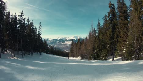 Downhill-Ski-Slope-in-Beautiful-Snowy-Mountain-in-Winter,-1st-Person-POV