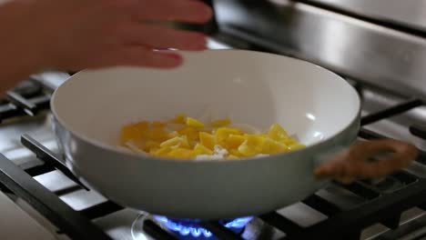 Woman-Putting-Onions-And-Peppers-Into-Hot-Frying-Pan-In-Slow-Motion