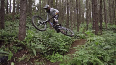 Extreme-mountainbiker-doing-tail-whip-in-air-on-single-downhill-track-between-tall-trees,-slow-motion