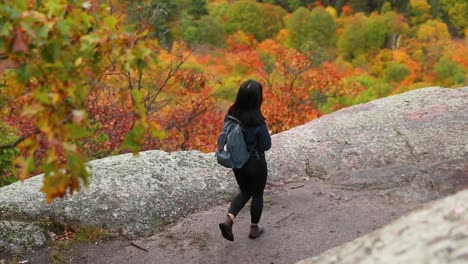 Girl-Walking-On-Mountain-Looking-At-Fall-Valley-In-Slow-Motion