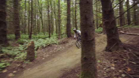 Biker-jumping-over-natural-dirt-feature-amidst-pine-tree-forest,-fast-pan-left