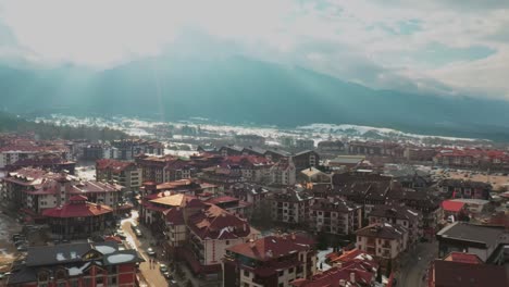 European-Winter-Vacation-at-Ski-Resort-Hotels-in-Bulgaria,-Aerial